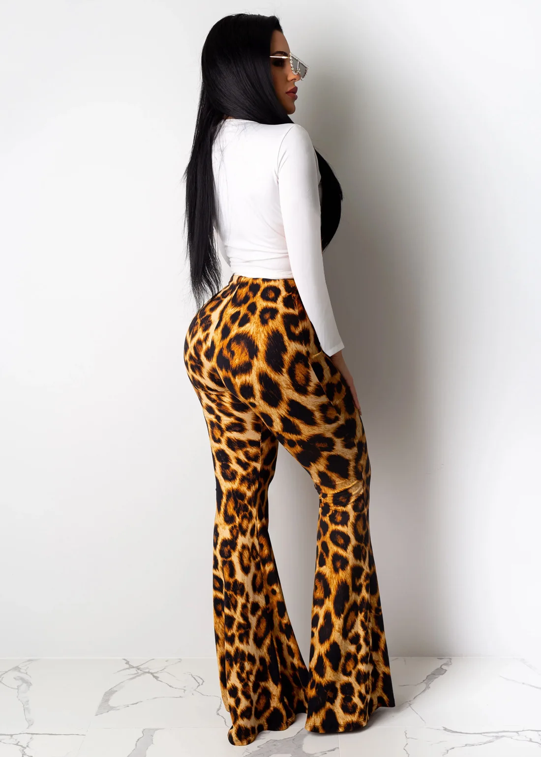 

Women's two piece set with leopard long pants sexy long sleeve print two piece set top and pants