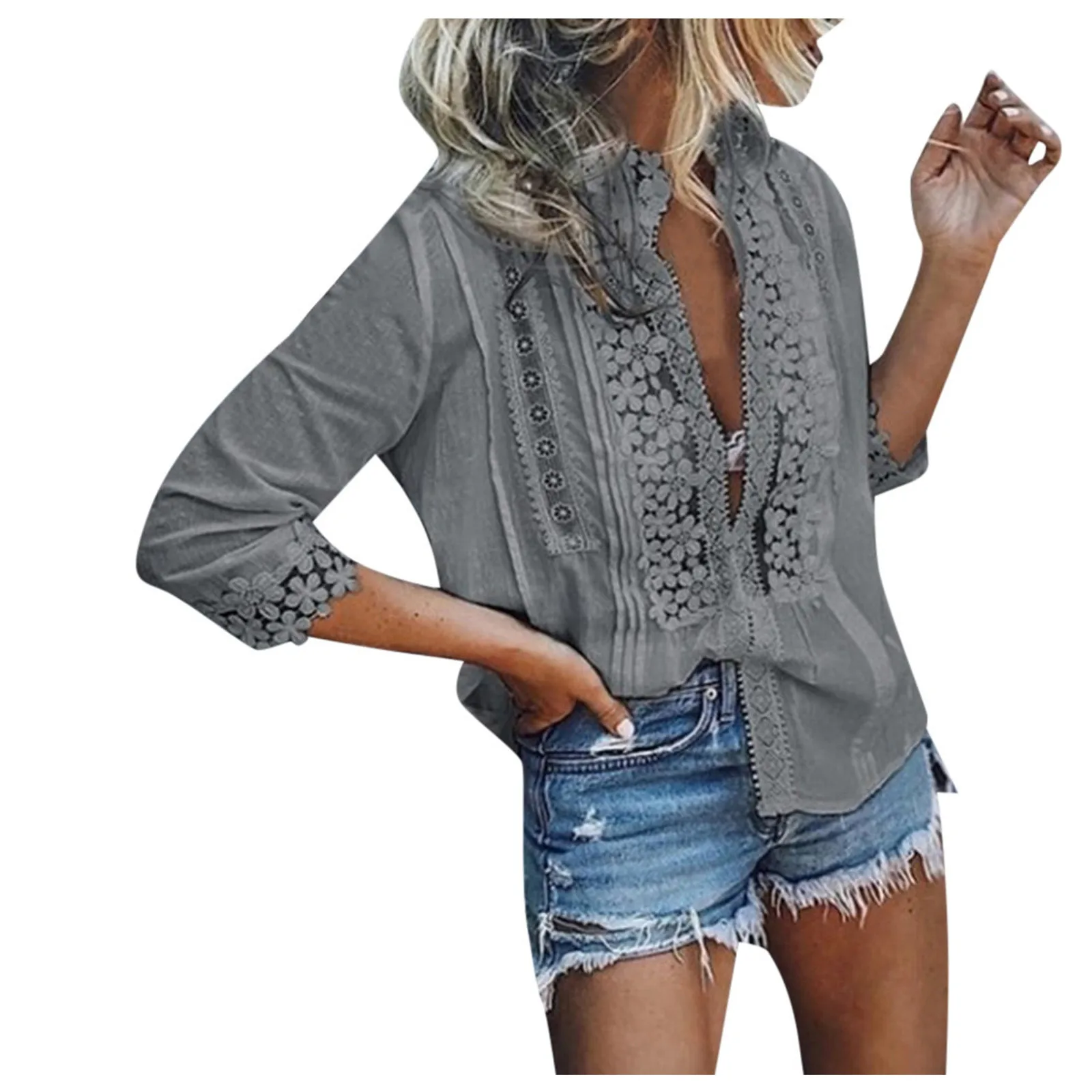 

Fashion Blouses Women Solid Short Sleeve Lace Hollow Out Slim Sexy Casual Tops Office Shirts Split Half Sleeve V Neck Blouse