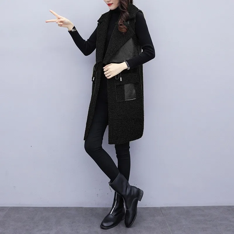 Женский жилет средней длины из искусственной кожи без рукавов | Женская одежда