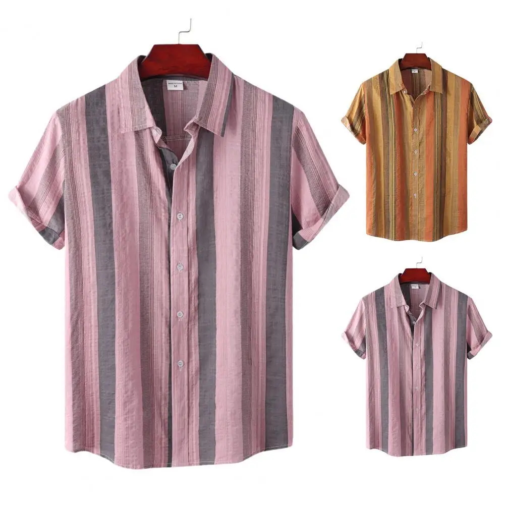 

Men Cotton Linen Stripe Shirts Print Short Sleeve Button Shirt Blouse Top 2021 New Summer Dress Shirt Handsome Casual Clothes