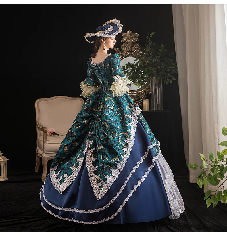 Настоящее винтажное синее жаккардовое платье rococo с цветами средневековое