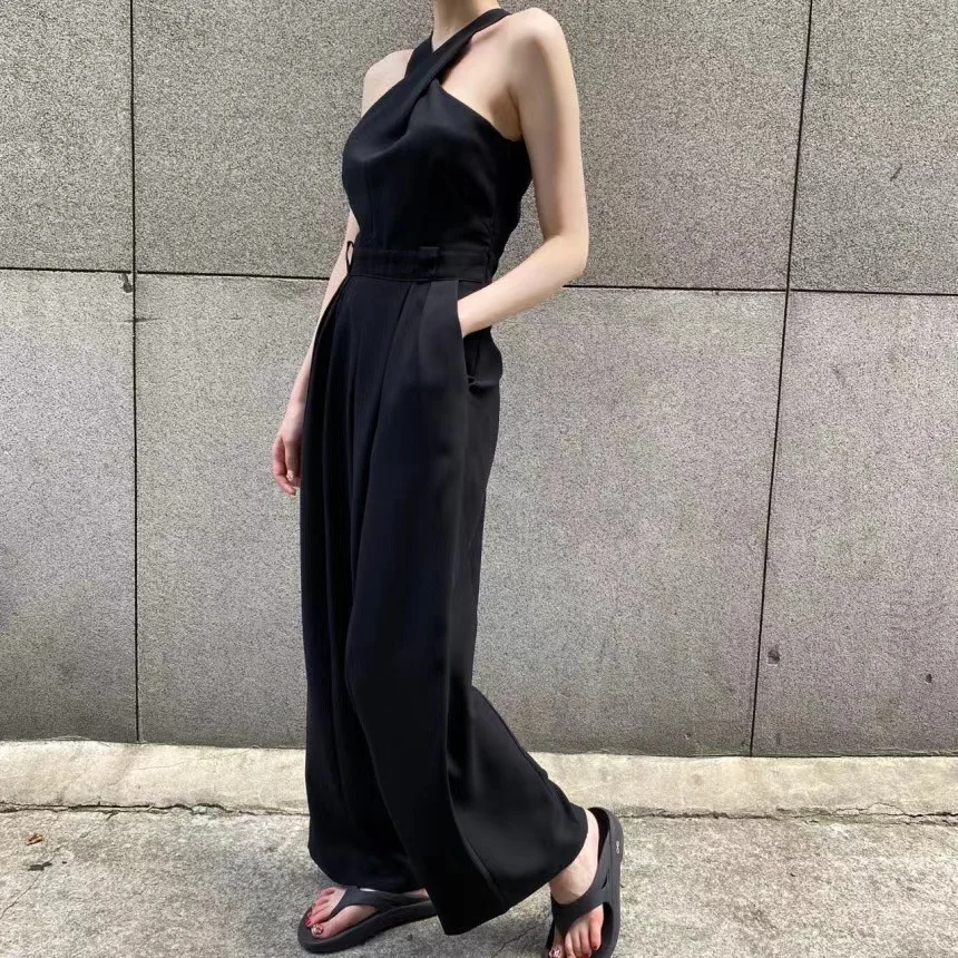 

Korejpaa Women Jumpsuits 2021 Summer Korean Chic Cross Strapless Halter Neck High Waist Pleated Slim Fit Drape Wide-Leg Jumpsuit