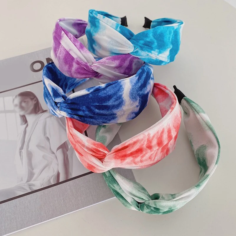 

Bohemian Vintage Satin Tie Dye Knot Wide Cross Hairband Western Plaid Hair Hoop Simplicity Tie-dye Headwear Hair Accessories New