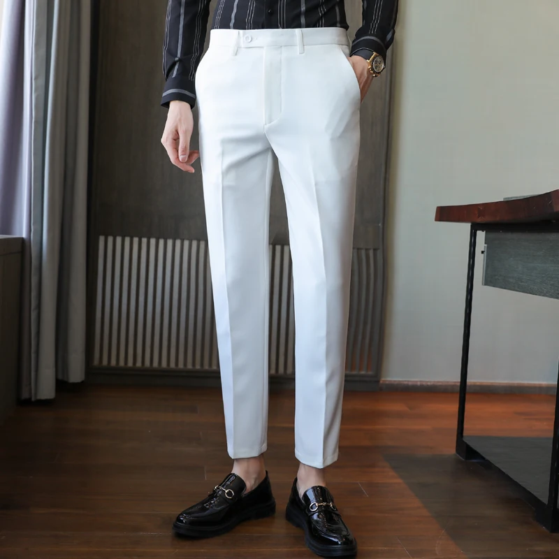 

Мужские костюмные брюки в британском стиле, деловые повседневные облегающие мужские строгие брюки высокого качества, однотонная официальн...