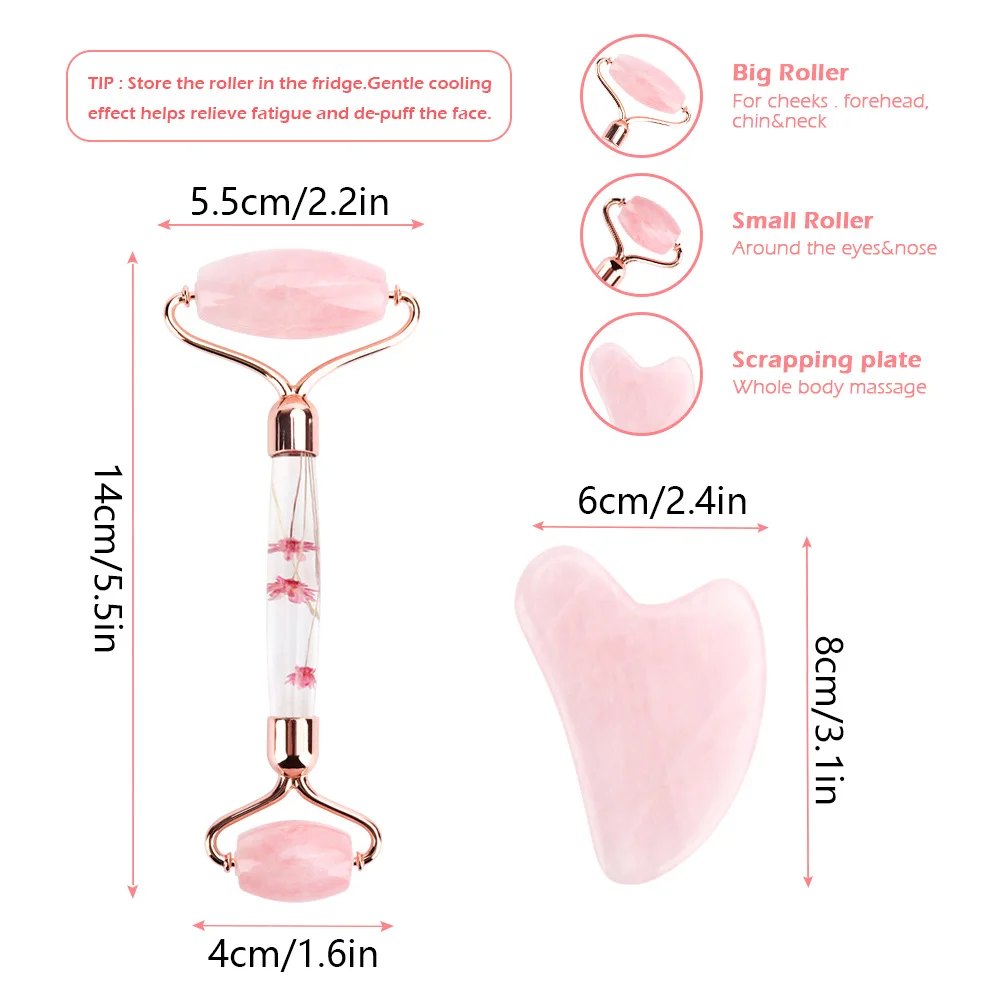 

Pink Crystal Jade Face Roller Massage Guasha Board Double Heads Stone Face Lift Body Skin Relax Slimming Beauty Skincare Tool
