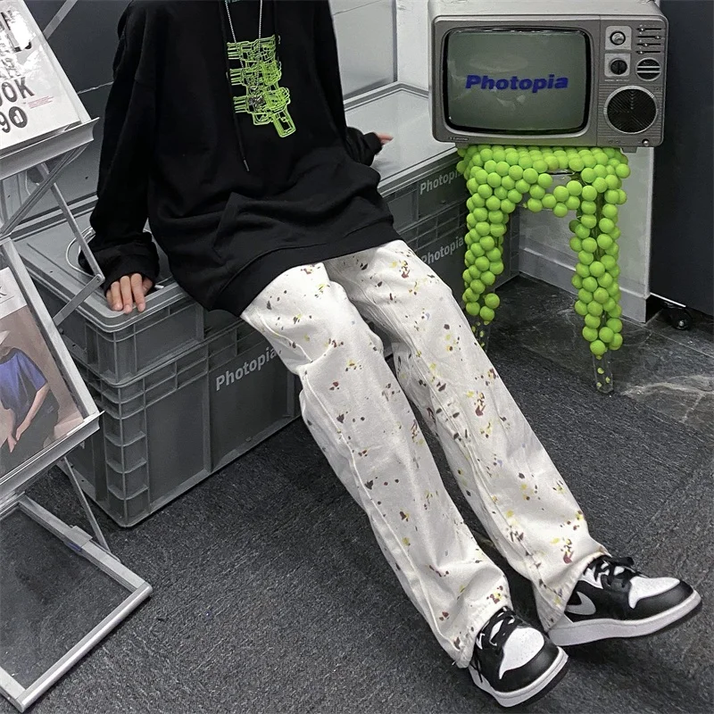 

Women's Pants Spring New Ins Harajuku Style Graffiti Dye Print Straight Loose Wide Leg High Waist Jeans Fashion