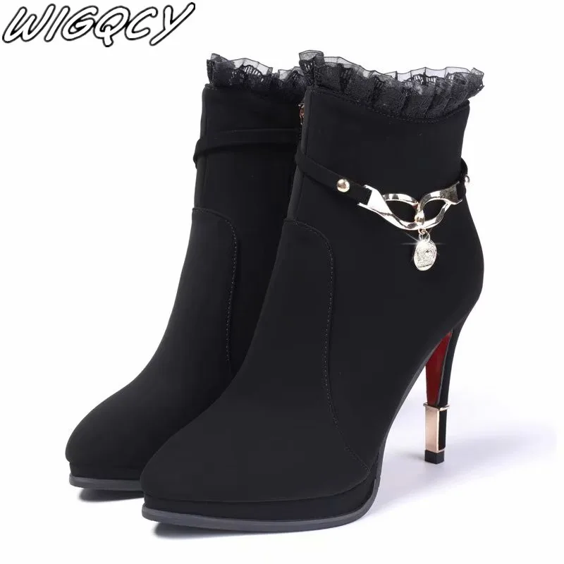 Женские теплые ботинки на очень высоком каблуке в западном стиле молнии с