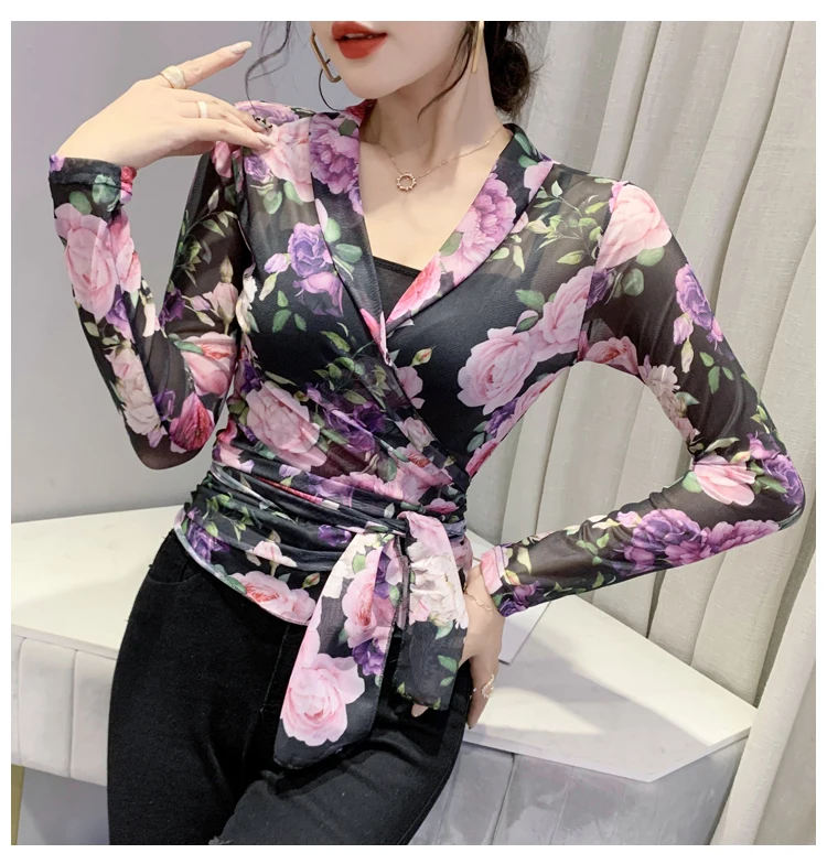 

full Sleeve V Neck Mesh wrap Tops Women Sexy V Neck Short Mesh T-shirts Tops Women Slim Boby Mesh floral Tops