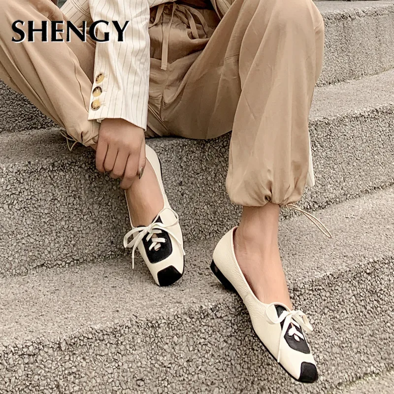 2020 Flat Women Casual Shoes Square Toe Women Flats Patchwork Shallow Sweet Sandals Lace Up Office Lady Shoes for Girls Pumps