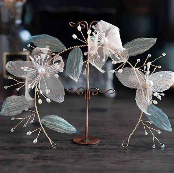 Женская свадебная тиара с жемчугом розовая повязка на голову цветами и зелеными