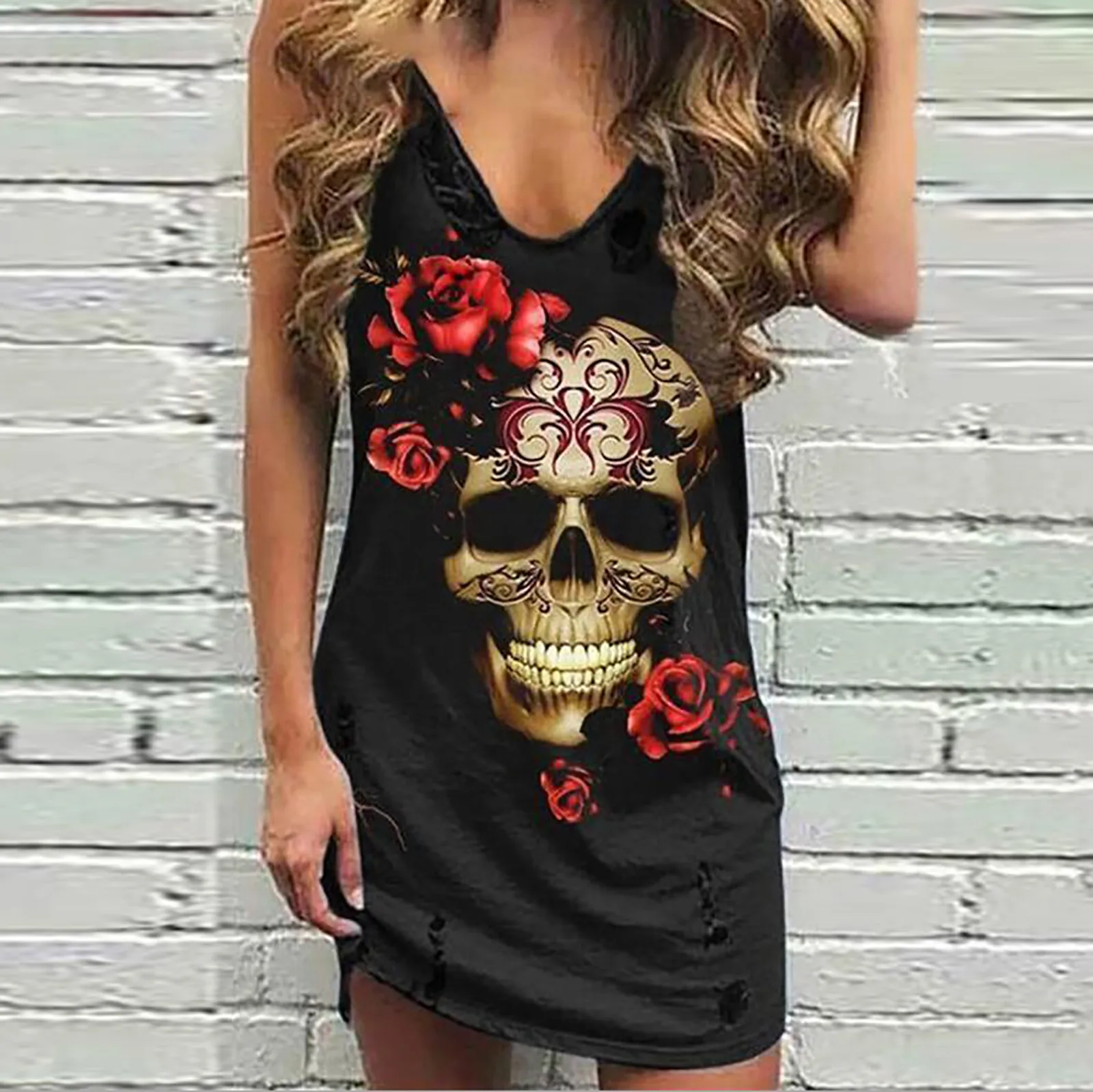 

Skull Print Summer Dresses For Women 2021 Women Fashion Summer Dress Sleeveless Rose O-neck Knee-length Dresses
