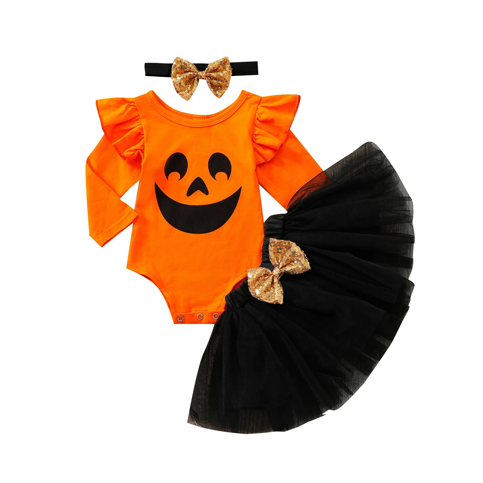 

3Pcs Toddler Halloween Outfits, Smile Face O-Neck Long Sleeves Romper + Tutu Skirt + Headband for Girls, 0-18 Months