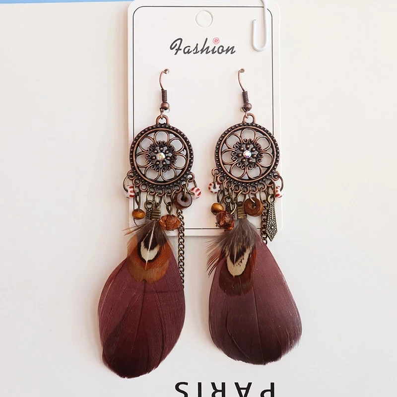 Винтажный этнический богемный висячие серьги с листьями и перьями белые