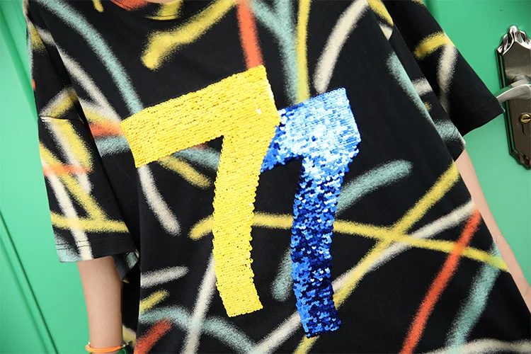 

Vefadisa Fashion Sequin Number Print Women T-shirt 2021 Summer Plus Size T-shirt Colorful Line Women T-shirt Loose Black QYF2930