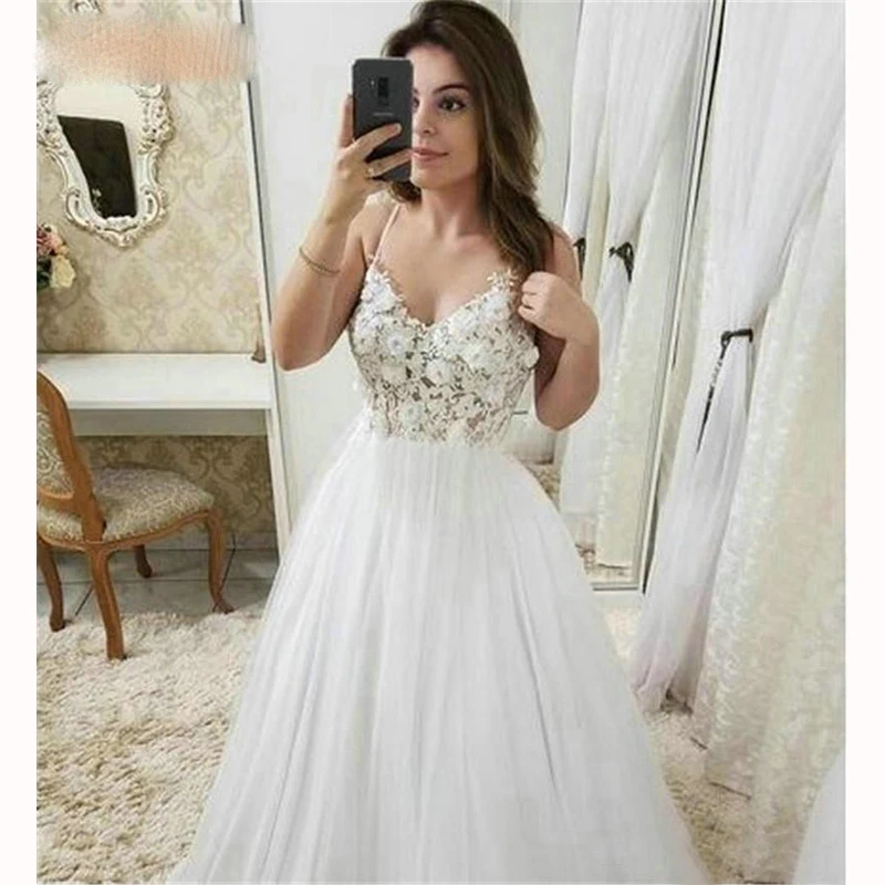 

Spaghetti Straps Wedding Dresses Appliques Lace Long Dress For Women Bridal Formal Gown Party Beach robe de soiree 2020