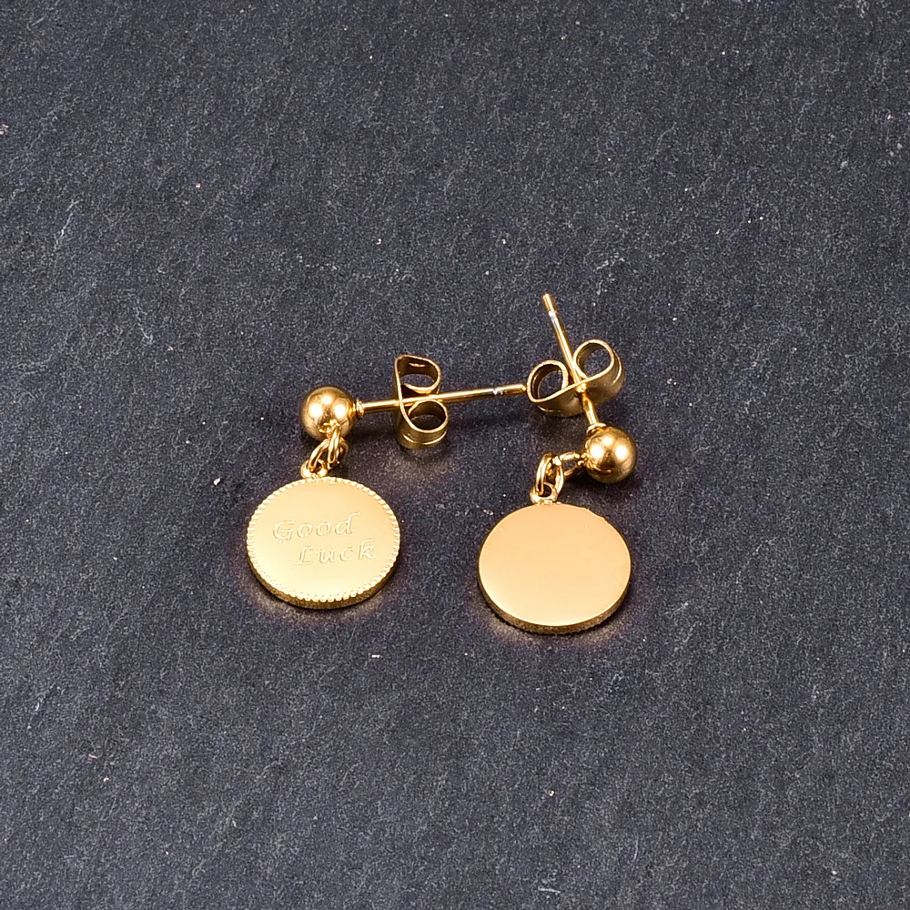 

Rhysong Gold Color Drop Earrings With Good Luck Letter Round Medal For Women Stainless Steel Fashion Jewelry 2020