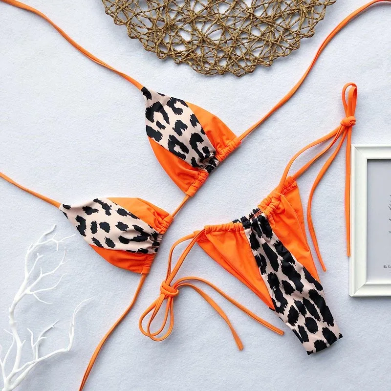 

Sexy triangle bikini 2019 new leopard summer bikini neon thong up ladies'swimsuit halter two-piece suit