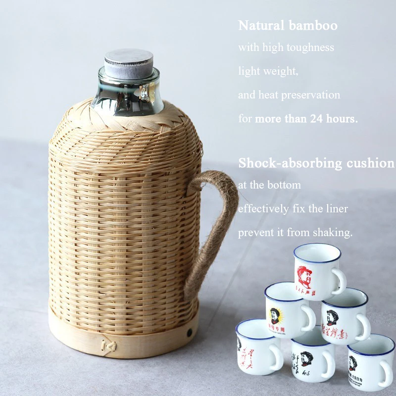 Handmade Bamboo Weaving Thermos Pot Bottle For Water With Cork Lid Cover And Handgrip Vacuum Flask Keep Warm Glass Inner Large