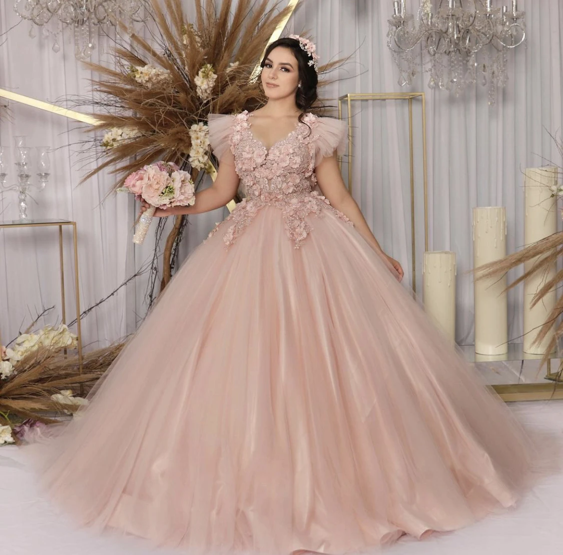 

Pink Princess Quinceanera Dress 2021 V-Neck Cap Sleeve Flowers Sequins Beads Backless Sweet 16 Ball Gown Vestidos De 15 AÃ±os