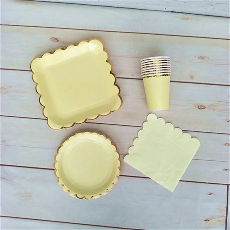 24 set Pastel Blue Party Tableware Foil Gold Large Squae Paper Plates Wedding Dinner Dishes Cups Scallop Napkins Birthday Favor