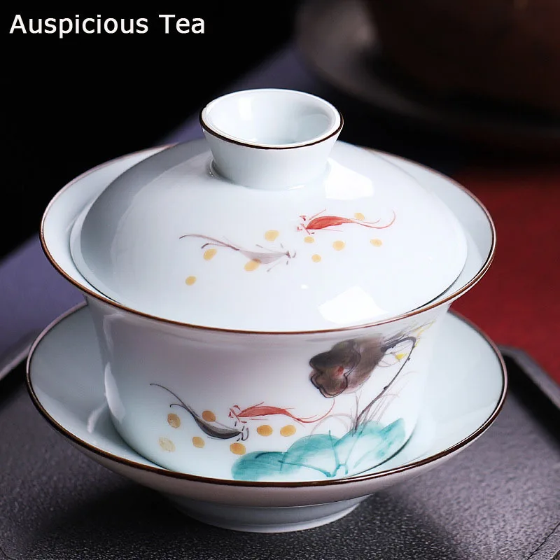 

300ml Dehua White Porcelain Hand Painted Sancai Large Cover Bowl Handmade Household Kung Fu Teaset Tea Ceremony Accessories Gift