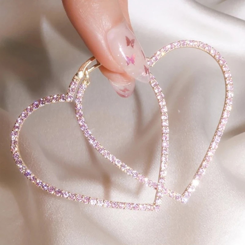 

Luxury Big Heart Pink Crystal Hoop Earring for Women Oversized Geometric Micro Paved CZ Stone Earrings Statement Jewelry Gifts