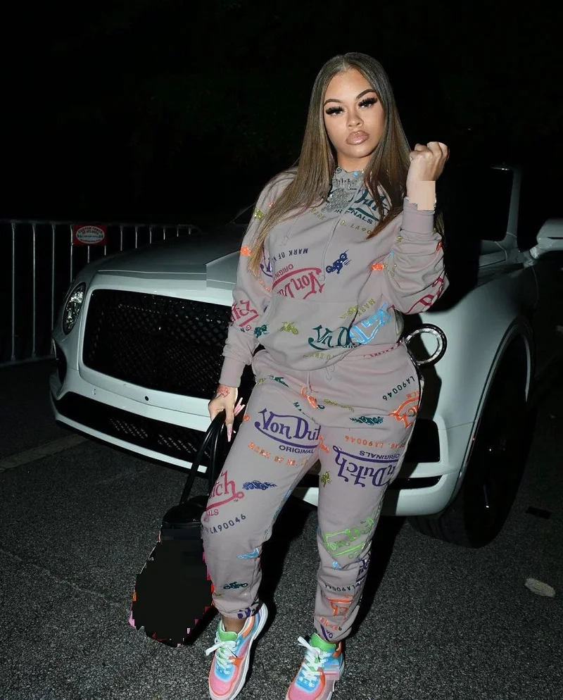 

Graffiti print sweat suits women matching sets Two piece set long sleeve hoodie+trousers Black pink red purple blue tracksuit
