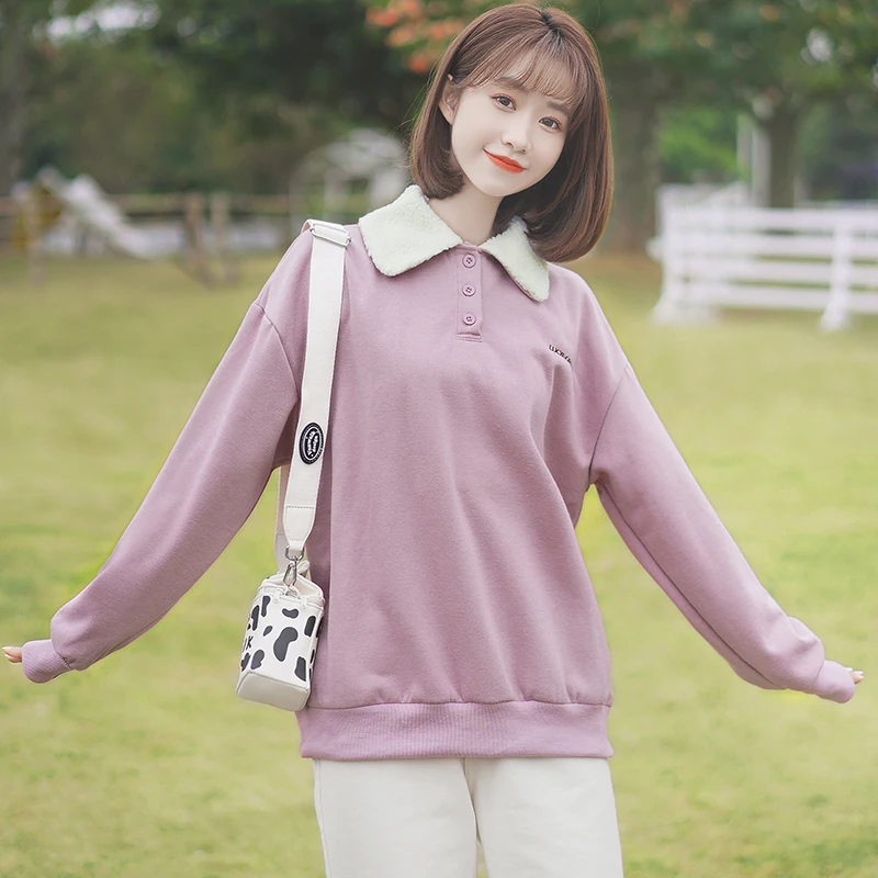 

Chic Khaki 2020 New Autumn and Winter Thickening Brushed Hoody Women's Letter Embroidery Color Matching Polo Collar Pullover