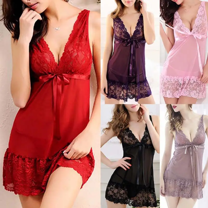 

Women Sexy Nightwear Plus Size M-XXL Lace Nightgown Sleepwear Dress G-String Sexy Lingerie Robe (FITS SMALLER THAN USUAL)