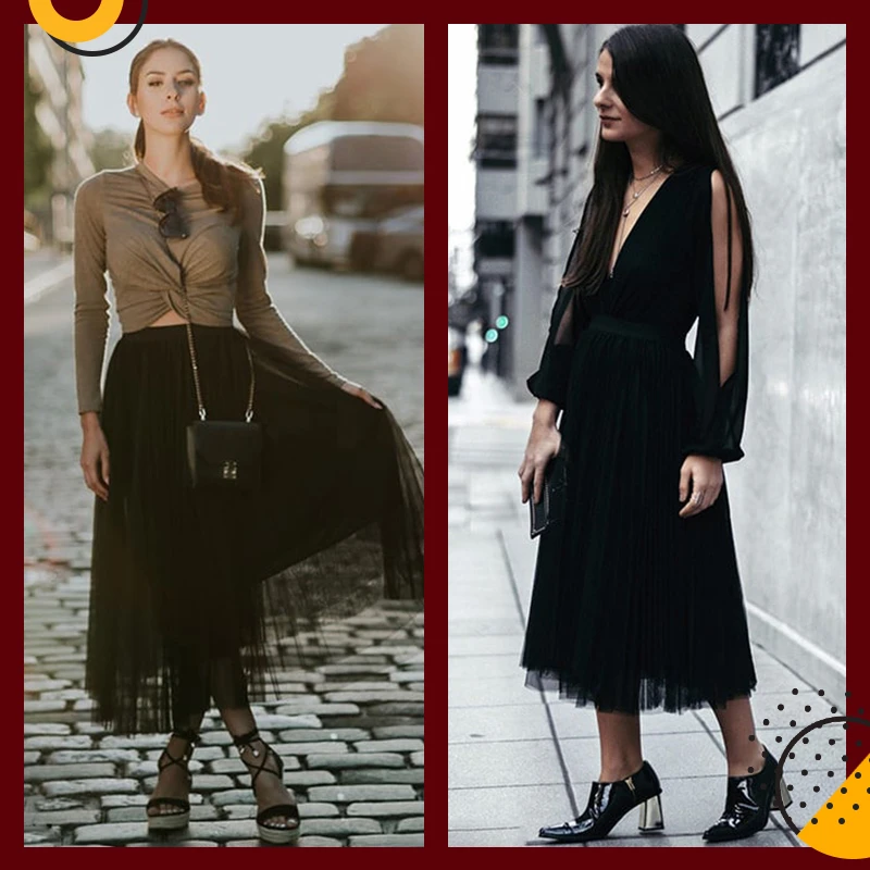 Dotfashion Женские Летние Стильные Новые поступления черные тюлевые сетчатые плиссированные юбки миди с эластичной талией милые женские юбки-клеш