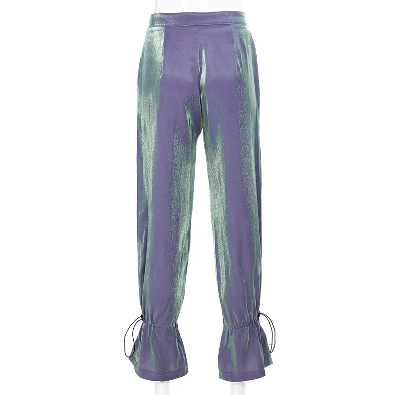 

Casual Loose Women Long Pants Drawstring Mermaid Glossy Straight Pants Female Streetwear Flash Silk Pants Loose Wide Leg Pants