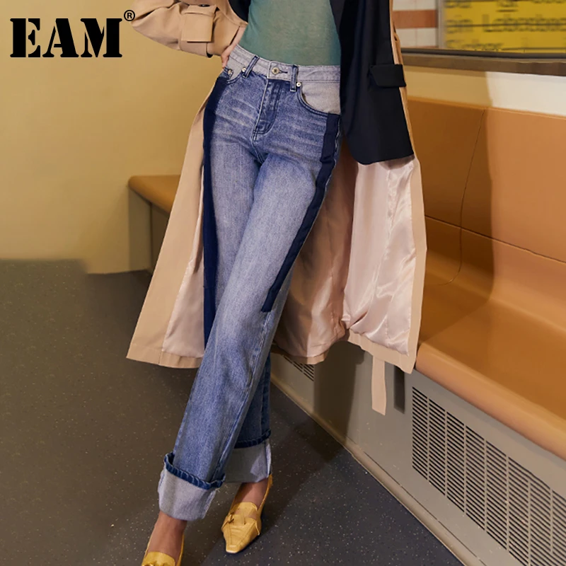 

[EAM] Long Wide Leg Blue Denim Straight Jeans New High Waist Loose Women Trousers Fashion Tide Spring Autumn 2021 1DD2936