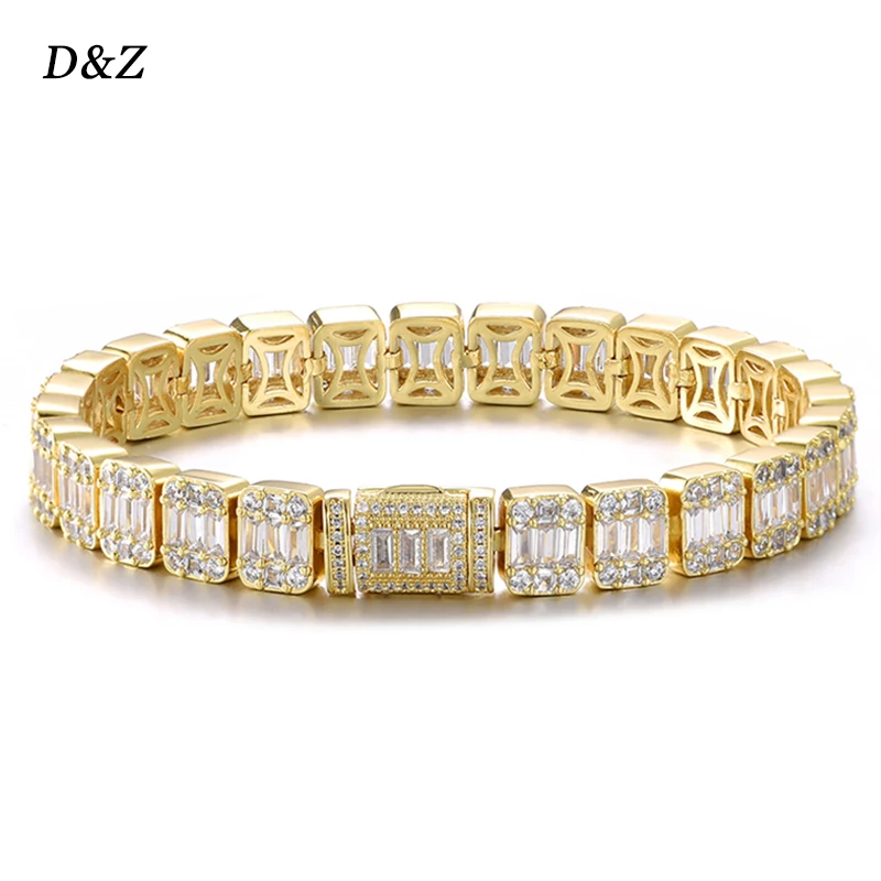 

D&Z Bling Cubic Zirconia Bracelet White Square Baguette Cluster Hip Hop Tennis Chains Necklaces Fashion Men Women Iced Jewelry