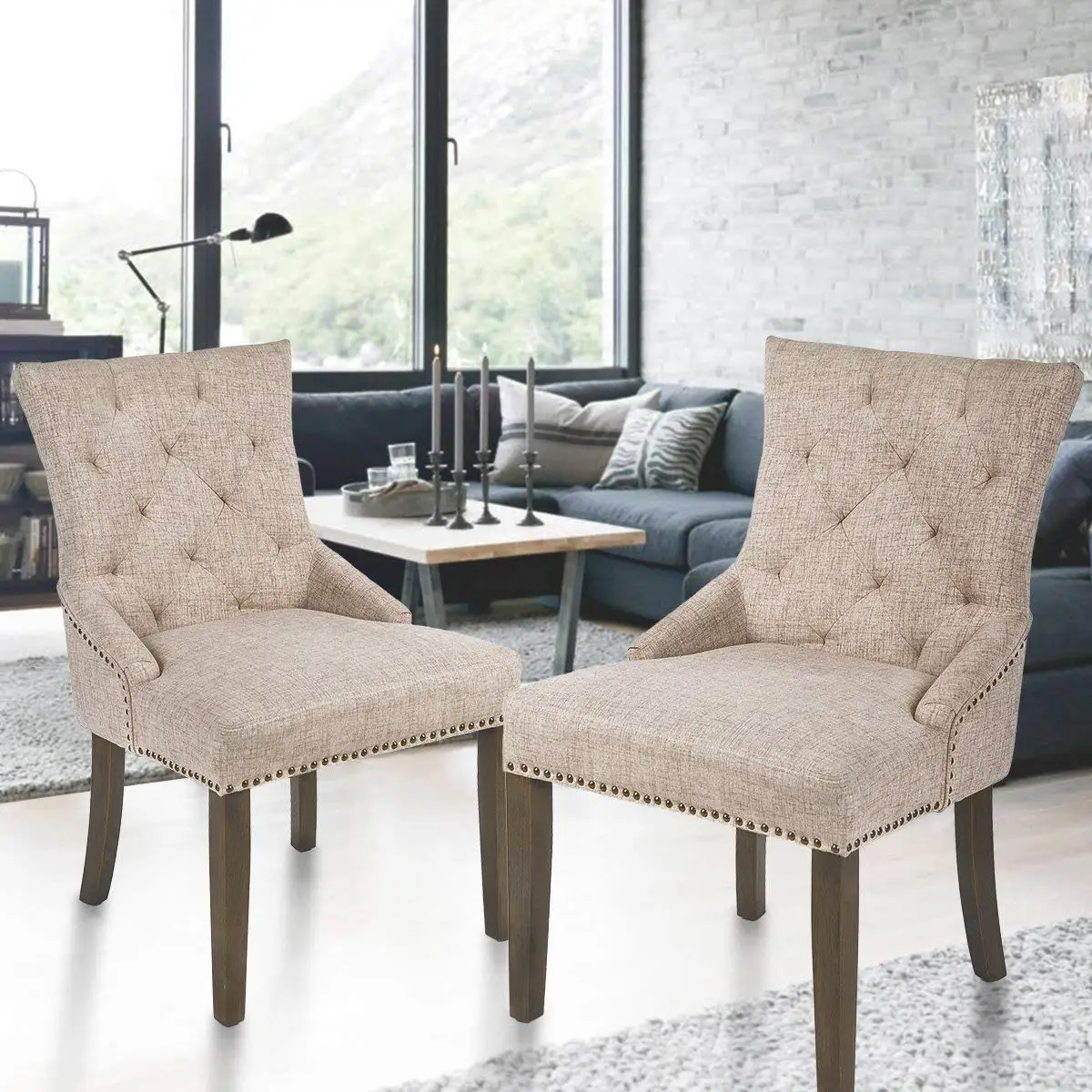 

2pcs Modern Dinner Chairs Kitchen Furniture Merax Arm Chair Dining Chair Leisure Padded Chair With Armrest Nailed Trim Beige Set