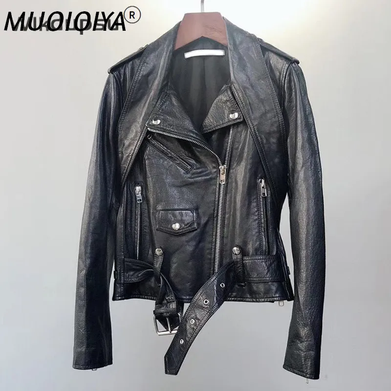 

Роскошная брендовая натуральная кожа куртка для женщин из натуральной овечьей Кожи Мотоциклетные байкерские ВИНТАЖНЫЕ пальто женские гот...