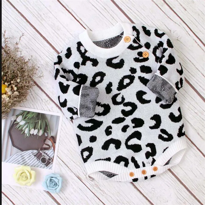 Детский трикотажный комбинезон с леопардовым принтом длинным рукавом | Мать и