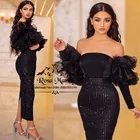 Роскошные черные вечерние платья длиной до колена в арабском стиле 2020 вечерние платья с открытыми плечами и длинными рукавами, расшитые бисером, большие размеры