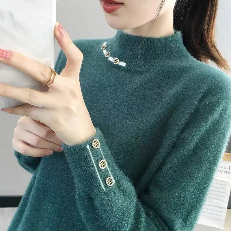 

women's Korean version new short women's 2021 autumn winter half high neck loose Pullover knitted bottomed shirt
