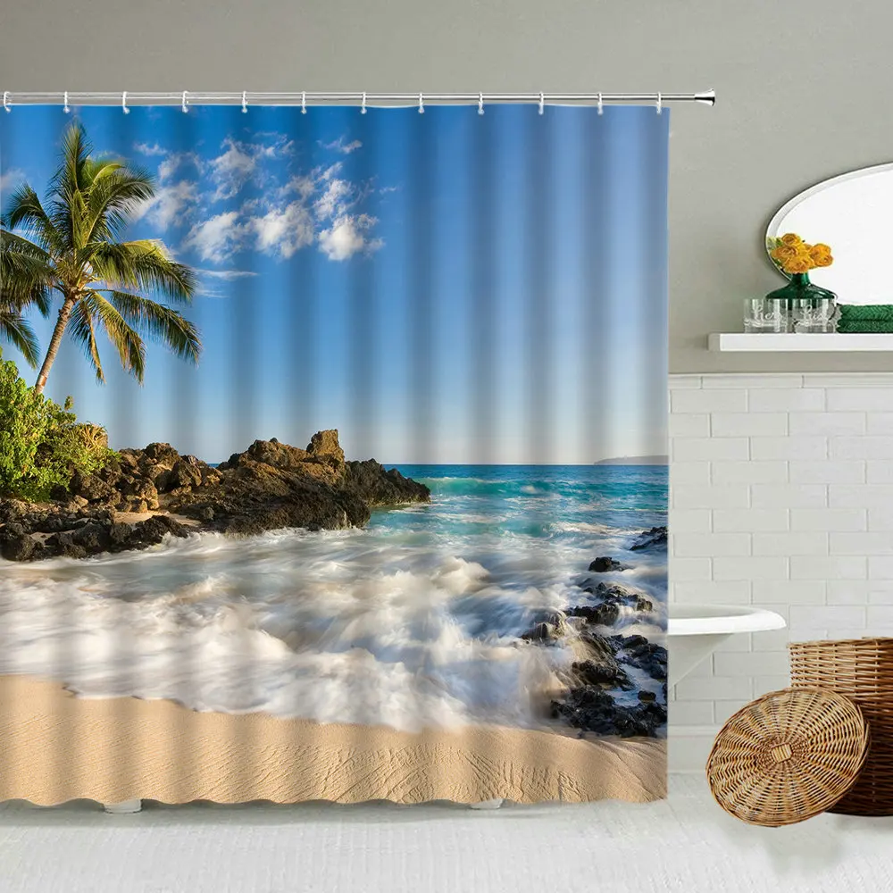 

Sunny Beach Ocean Coconut Shower Curtain Seaside Resort Scenery Bathroom Bathtub Blackout Waterproof Polyester Cloth Curtains