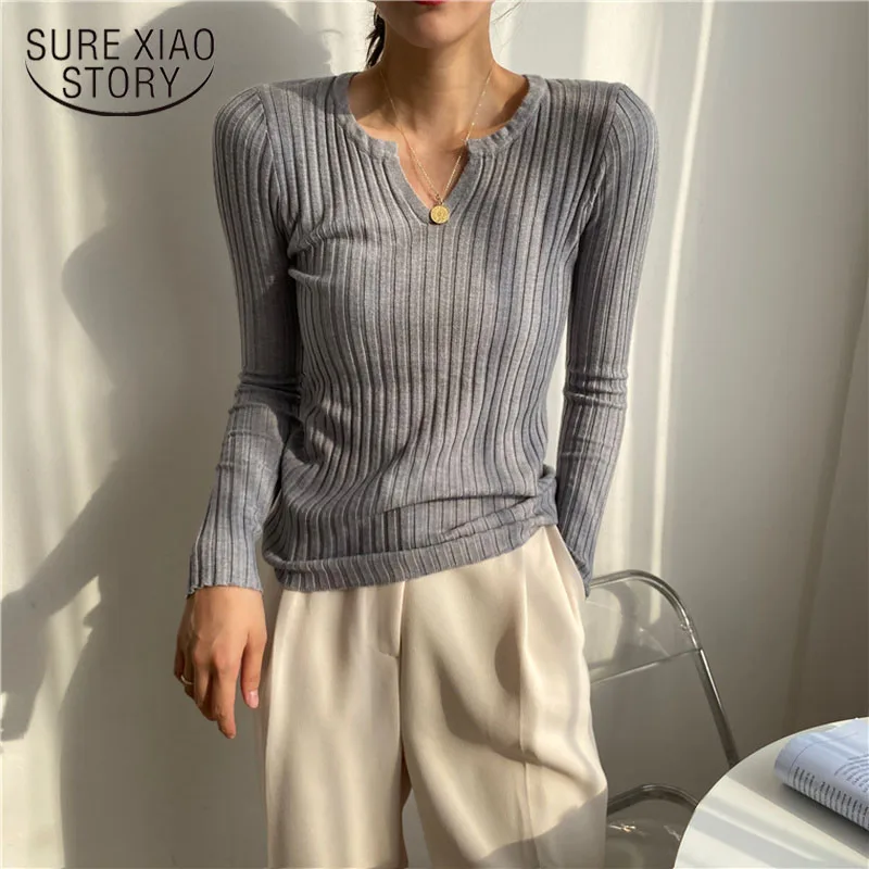 Женский облегающий вязаный свитер с V-образным вырезом пуловер длинным рукавом