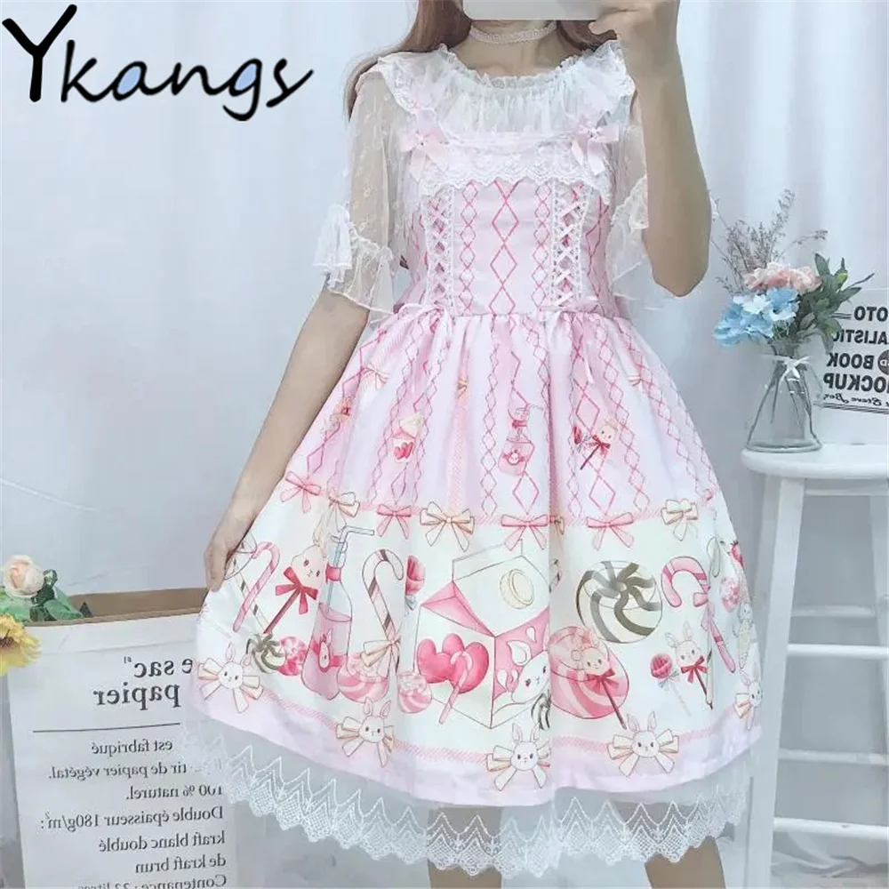

Sweet Cute Sleeveless Lolita Kawaii Candy Printing Bow Ruffles Short Dress Summer New Japanese Style Pink Elegant Women Clothing