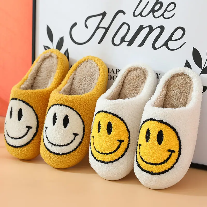 

2021 Women Fluffy Fur Slippers Big Smile Floor Slipper Short Plush Fleece Flat For Couple Shoes Black Lady Indoor Slippers