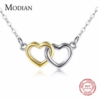 modian top quality solid 925 sterling silver double hearts pendant necklace gold white color chain women wedding jewelry gift