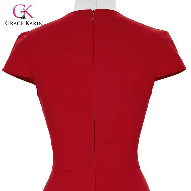 Grace Karin Elegant Women Formal Party Dress Cap Sleeve Hips-Wrapped Pencil Dress Office Lady Work Bodycon Red Dress Summer