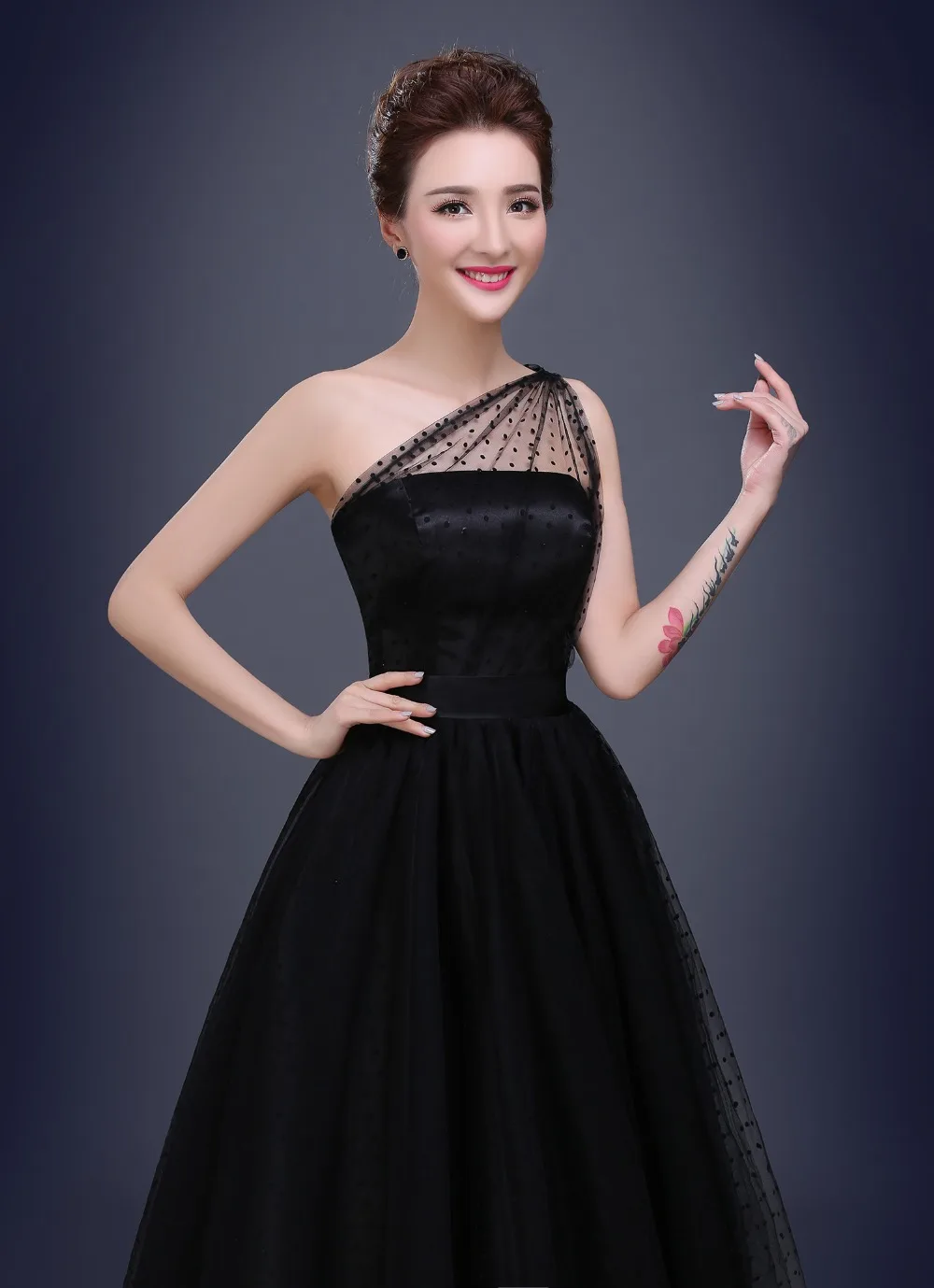 New Black Prom Dresses 2020 One Shoulder Pleats Polka Dot Tulle Tea Length Party Evening Gowns Vestido De Festa | Свадьбы и