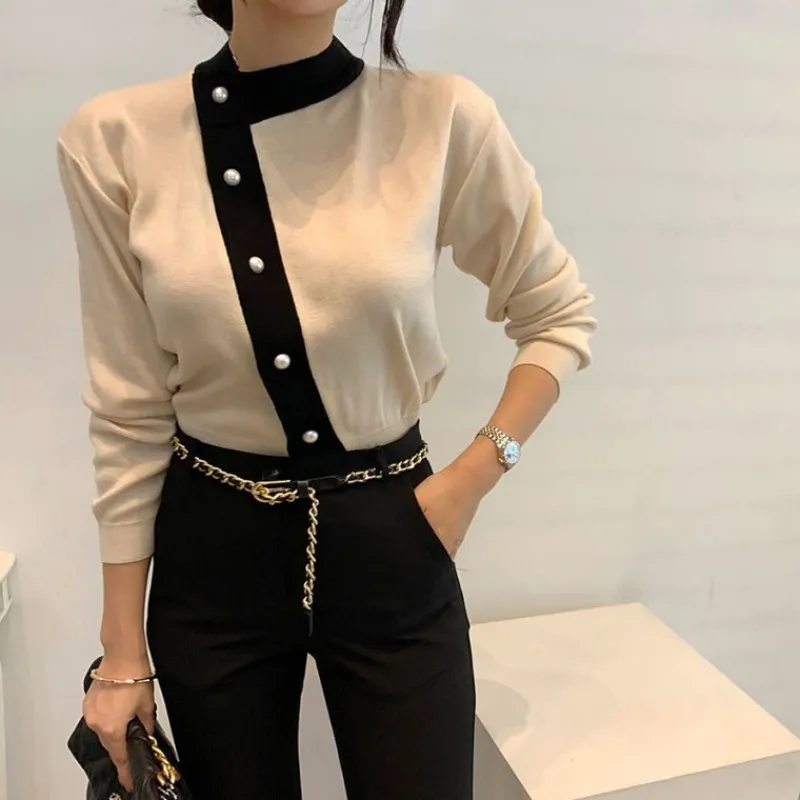 

Office Lady Korean Retro Women Knitted Sweaters 2021 Spring Autumn New Patchwork O Neck Slim Chic Wild Simple Cardigan Tops