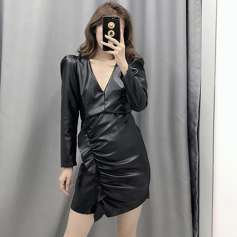 Женское осеннее модное Черное мини платье из искусственной кожи 2019 шикарное