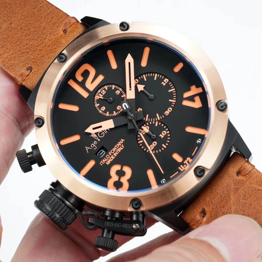 

New Quartz Chronograph Stopwatch Men U CHRONOMETER U1001 U72 Chimera Black Rose Gold Aged Brown Cow Leather Boat Watch AAA