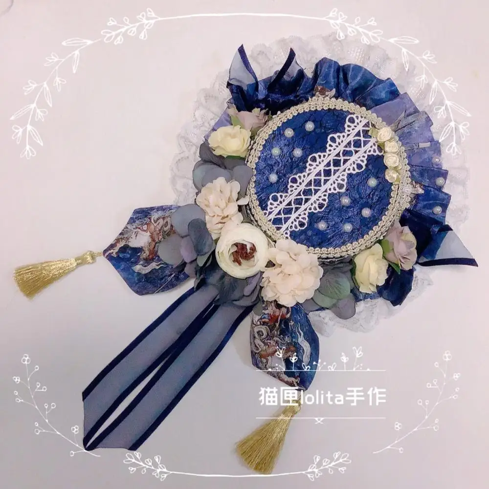 

Милая винтажная Великолепная шляпа lolita ручной работы на заказ, кружевная лента с бантом, голубая плоская шляпа туника