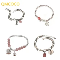 qmcoco silver color bracelet woman trendy elegant creative pink series strawberry crystal abacus smile face party jewelry gift